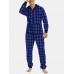 Mens Plaid Zipper Front Kangaroo Pocket Hooded One Piece Jumpsuit Home Warm Sleepwear