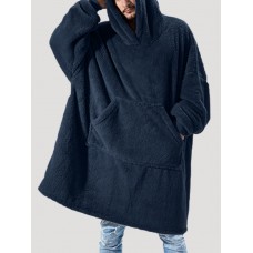 Mens Flannel Thicken Oversized Kangaroo Pocket Blanket Hoodies Warm Homewear