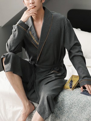 Mens Solid Color Letter Embroidery Double Pocket Lapel Sleepwear Robes With Sashes