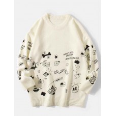 Mens Cute Cartoon Print Round Neck Long Sleeve Knitted Pullover Sweaters