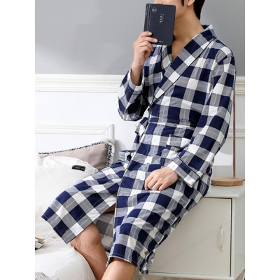 Mens Plaid Print Long Sleeve Comfy Sleepwear Bathrobe Home Robe With Pocket