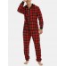 Mens Plaid Zipper Front Kangaroo Pocket Hooded One Piece Jumpsuit Home Warm Sleepwear