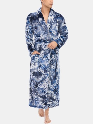 Mens Tie Dye Flannel Thick Pocket Long Sleeve Calf  Length Home Sleepwear Robes