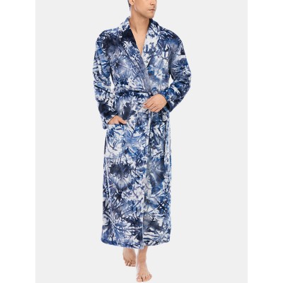 Mens Tie Dye Flannel Thick Pocket Long Sleeve Calf  Length Home Sleepwear Robes