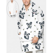 Mens Cute Panda Printed Flannel Oversized Two  Sided Blanket Hoodie With Pouch Pocket